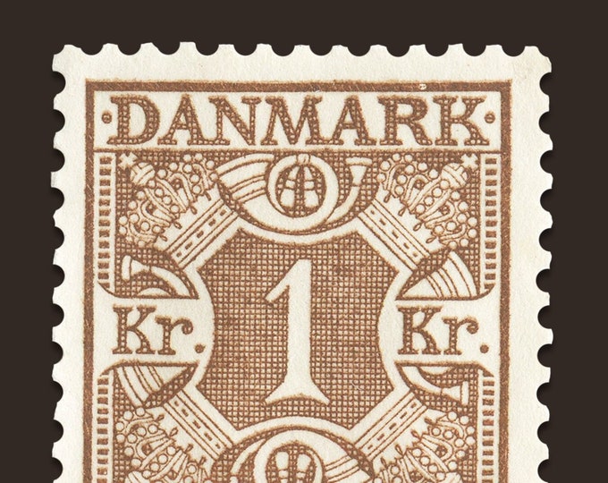 Vintage Denmark Stamp Art Print: Crowns and Horns, 1925