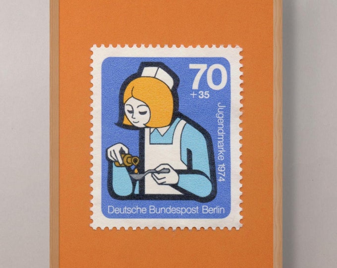 Vintage German Nurse Stamp Art Print: 1974 Nursing Poster