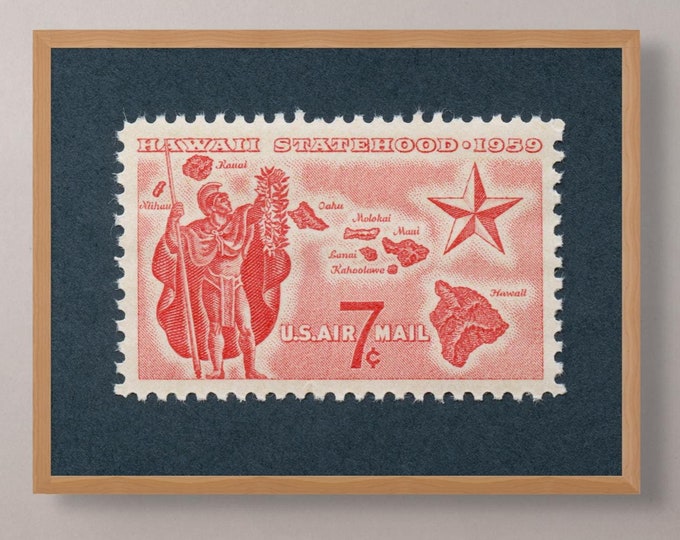 Hawaii Statehood Stamp Art Print: Vintage Hawaiian Map, Koa Warrior