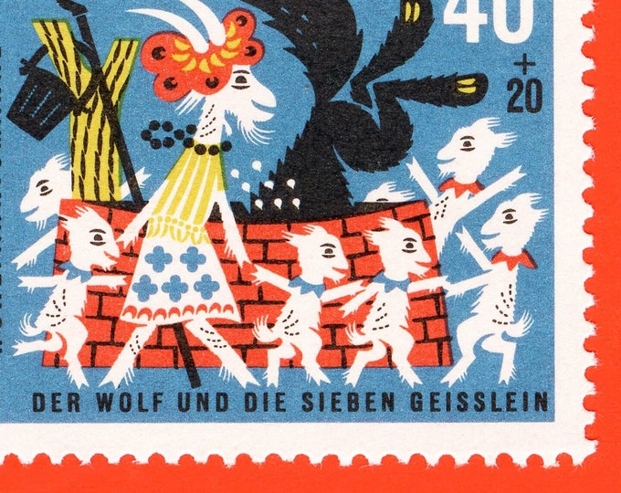 The Wolf and the Seven Little Kids Print: 1963 German Stamp Art