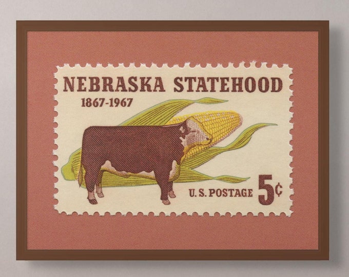 Nebraska Centennial Stamp Art Print: Vintage Cow & Corn Decor