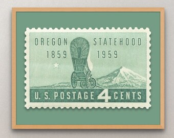 May include: A green and white US postage stamp depicting a covered wagon and a mountain range. The stamp reads "Oregon Statehood 1859 1959" and "U.S. Postage 4 Cents".