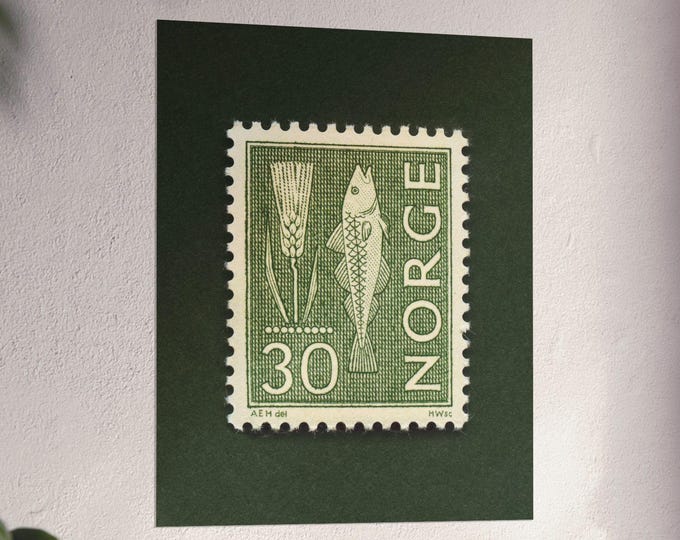 Norway Fish and Rye Postage Stamp Art Print: Norwegian Decor