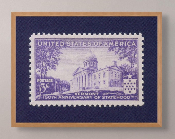 Vermont Statehood Stamp Art Print: Montpelier Capital, Vintage Wall Decor