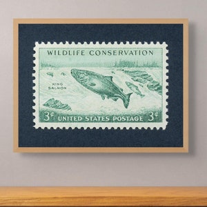 King Salmon Wildtierschutz-Druck, Angeln Naturschutz-Druck, King Salmon Poster, Fischer Druck, 3c Stempel 1956 - Museumsqualität