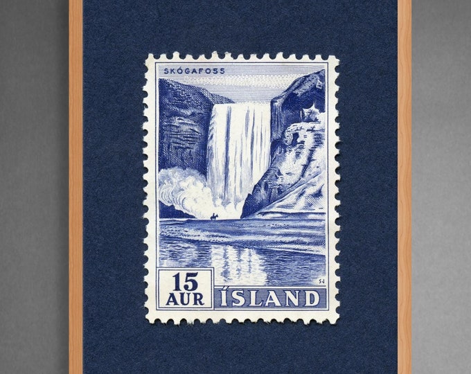 Skógafoss Waterfall Iceland Stamp Art Print - 1956