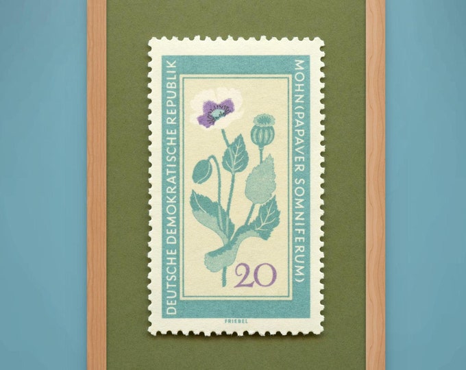 1960 German Poppy Postage Stamp Art Print: Vintage Medicinal Flower