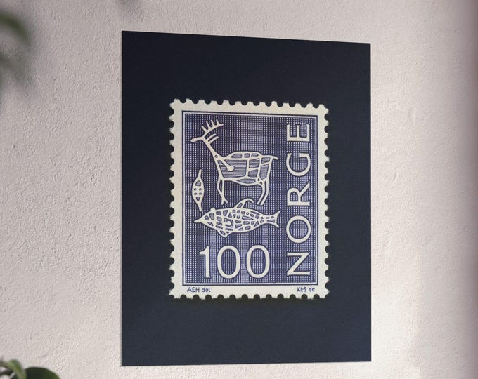 Vintage Norway Postage Stamp Art Print: Rock Art of Alta, Scandinavian Decor