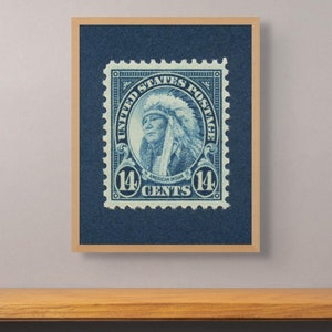 May include: A vintage blue and white United States postage stamp featuring a portrait of an American Indian with a feathered headdress. The stamp reads "United States Postage 14 Cents".