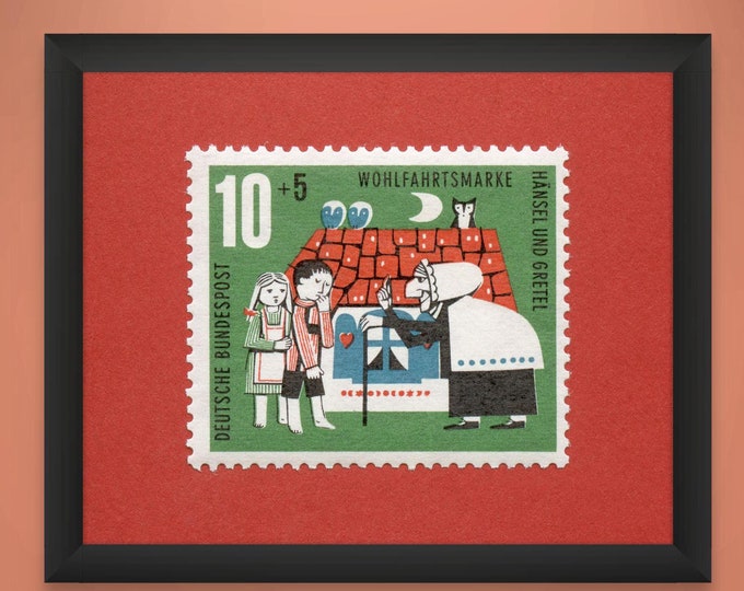 Hansel and Gretel Stamp Art Print: Vintage German Fairytale Nursery Decor