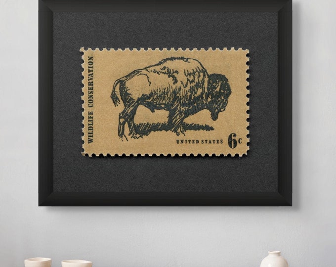 Featured listing image: Vintage Bison Postage Stamp Art Print: American Buffalo Wall Decor