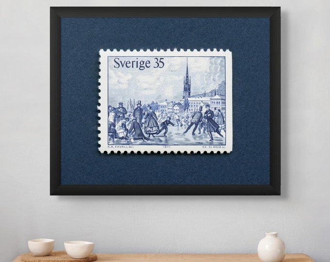 Sweden Christmas Winter Scene Art Print: Vintage Ice Skating Postage Stamp
