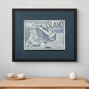 Island Lachs Druck, Island Dekor, Island Poster, Isländische Kunst, Island Wandkunst, Island Poster, 1959 Stempel - Museumsqualität