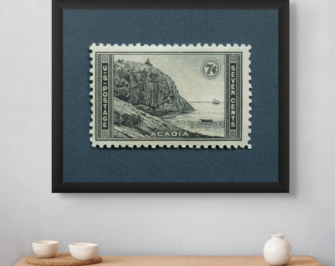 Acadia National Park Stamp Art Print: Vintage Maine Travel Poster