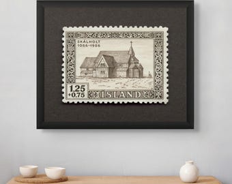 Iceland Skalholt Cathedral Stamp 1956, Vintage Stamp Poster,  Historic European Wall Decor, Church of Iceland, - Museum-Quality