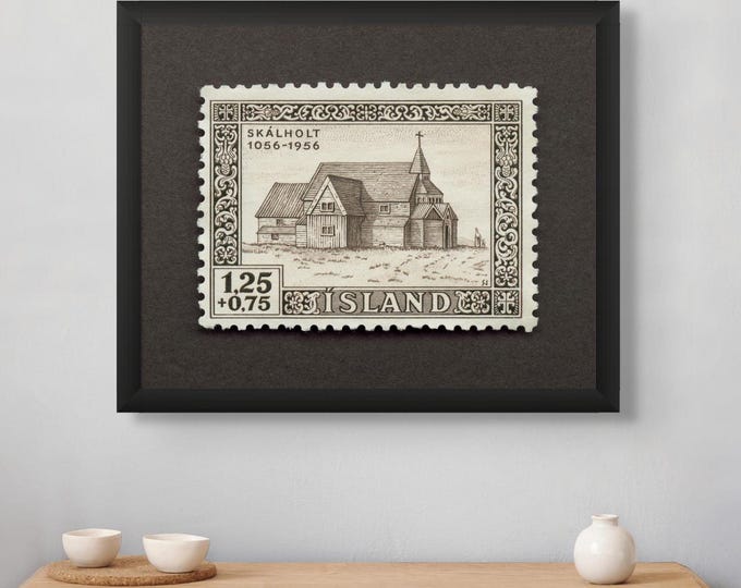 Iceland Skalholt Cathedral Stamp Art Print: Vintage European Wall Decor