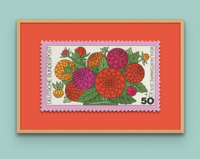 Zinnia Floral Stamp Art Print: 1976 German Design