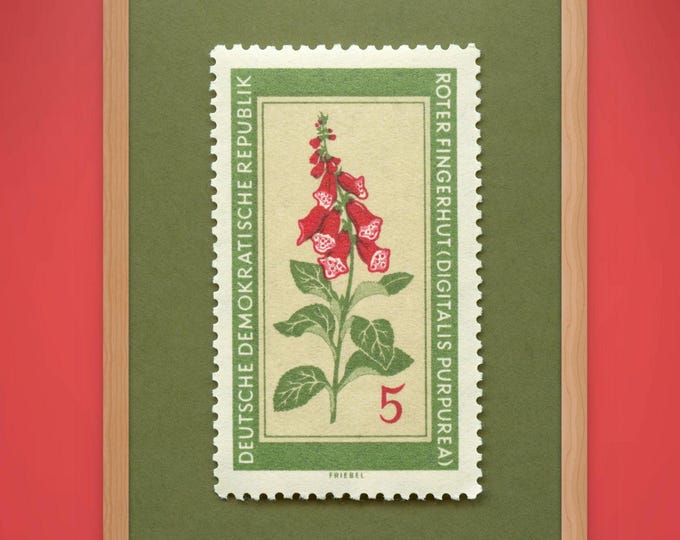 Red Foxglove Stamp Art Print, 1960 German Medicinal Flowers Stamp Print, Foxglove Art Print, Foxglove Art, Foxglove Poster - Museum-Quality