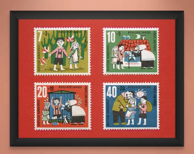 Hansel and Gretel German Postage Stamps Art Print Set: 1960s Kids Room Decor