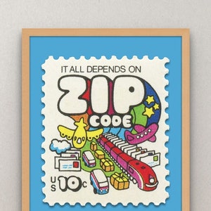 May include: A vintage US Postal Service stamp featuring a colourful illustration of a train, aeroplanes, and the text "It all depends on ZIP CODE". The stamp is blue with a white border and a scalloped edge. The stamp is worth 10 cents.