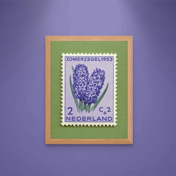 Netherlands Hyacinth Floral Postage Stamp Art Print: 1953 Vintage Flower Wall Decor