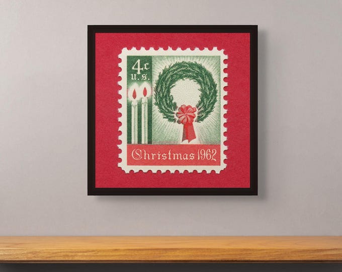 Vintage 1962 Christmas Postage Stamp Art Print: Holiday Wreath Wall Decor