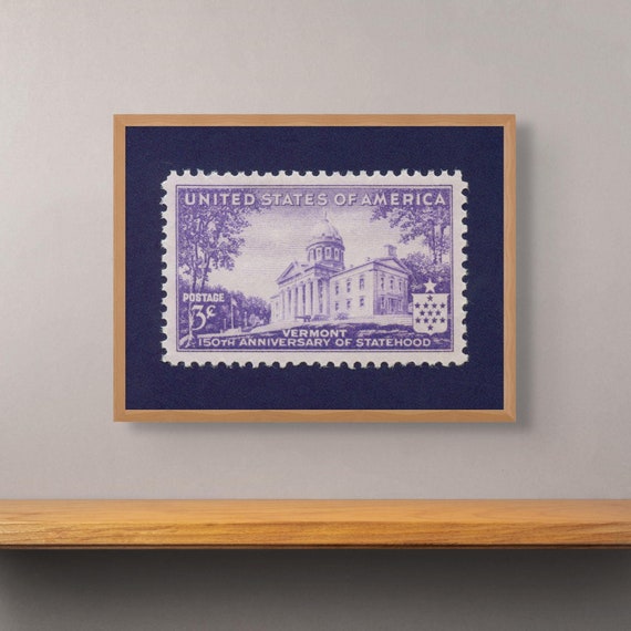 Vermont Statehood Stamp Art Print: Montpelier Capital, Vintage Wall Decor