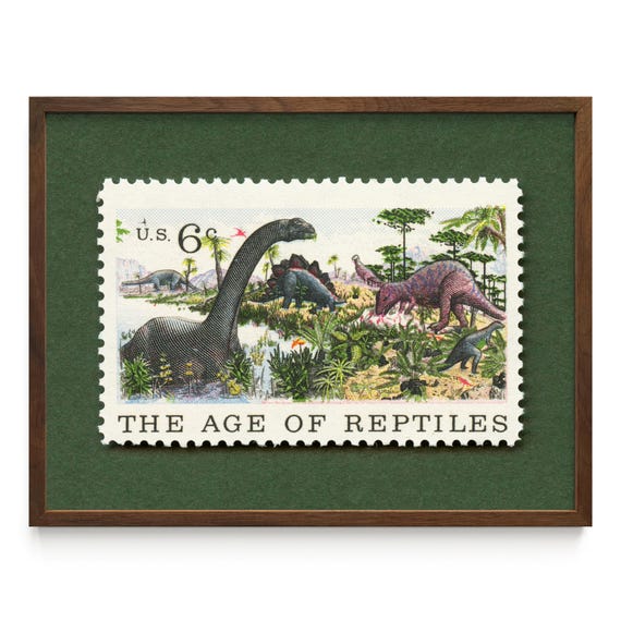 The Age of Reptiles Vintage 1970 Postage Stamp Art Print - Dinosaur Wall Decor Framed/Unframed Option