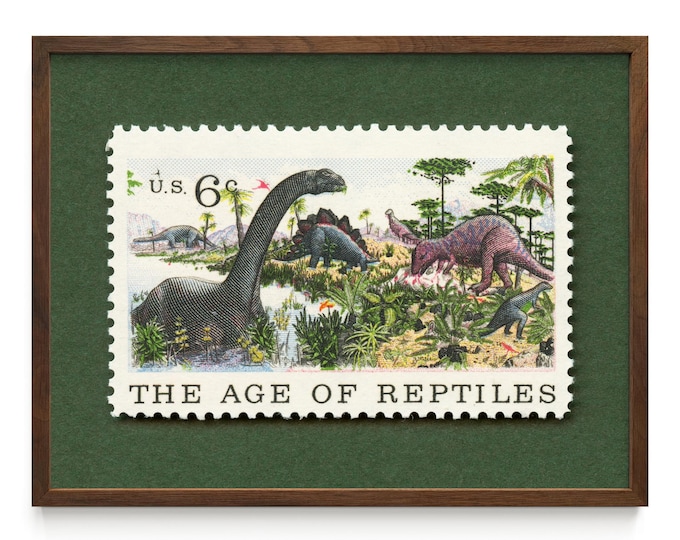 The Age of Reptiles Vintage 1970 Postage Stamp Art Print - Dinosaur Wall Decor Framed/Unframed Option