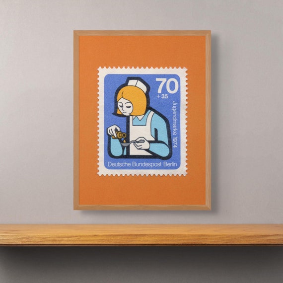 Vintage German Nurse Stamp Art Print: 1974 Nursing Poster