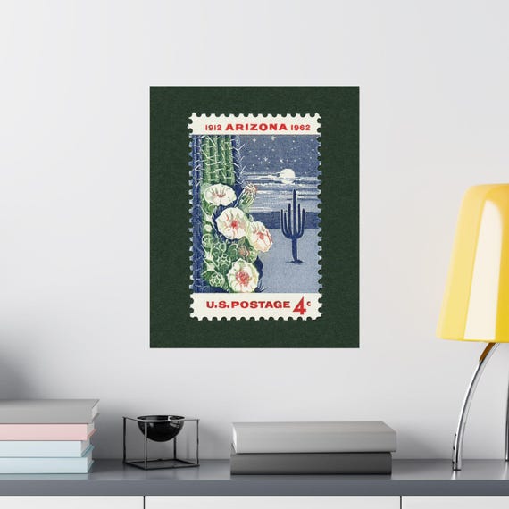 Arizona Statehood Postage Stamp Art Print: Saguaro Cactus Desert Decor (Digital Download)