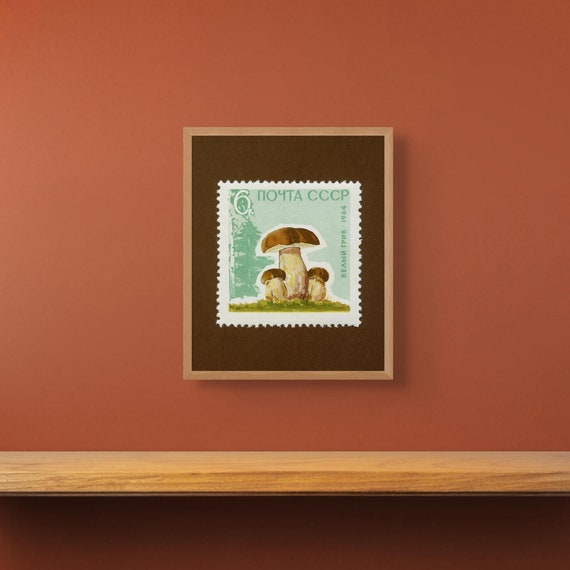 Vintage mushrooms print, Cep Mushroom, Penny Bun Mushroom, Mushroom Landscape Print, 1964 Soviet Union Stamp - Museum-Quality Print