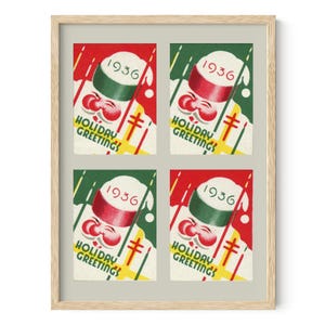 May include: Framed print with four vintage holiday greeting cards. Each card has a red and green colour scheme with a design of a chef's hat and the year 1936. The words "Holiday Greetings" are printed on each card.