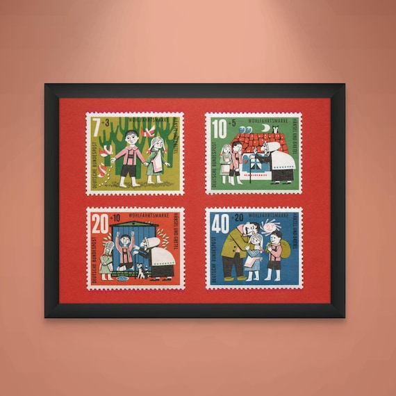 Hansel and Gretel German Postage Stamps Art Print Set: 1960s Kids Room Decor