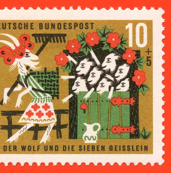Brothers Grimm Stamp Print: The Wolf and the Seven Little Kids, 1963 German Art