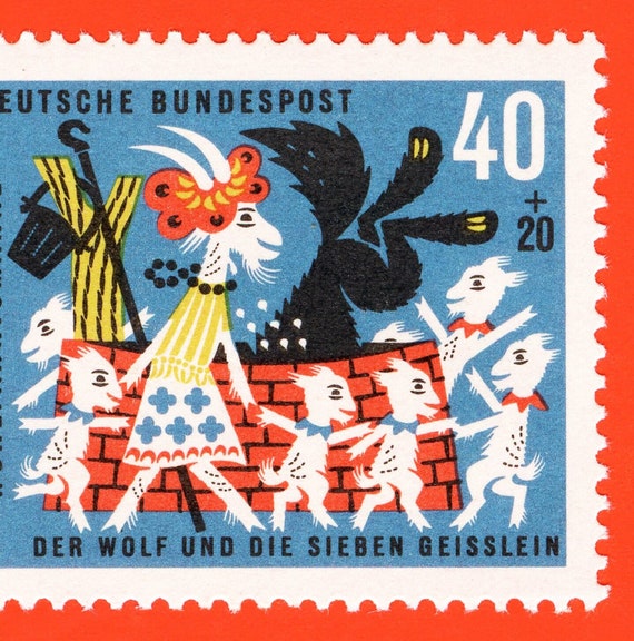 The Wolf and the Seven Little Kids Print: 1963 German Stamp Art