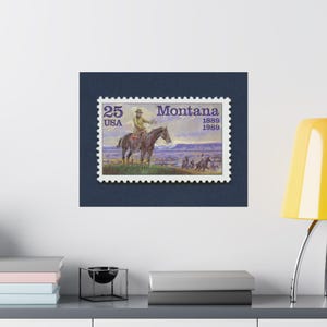 Montana Centennial Eigenstaatlichkeit Stempel Poster Druck, rustikale Montana Cowboy Western Kunst, 1989 25c Stempel Kunstdruck