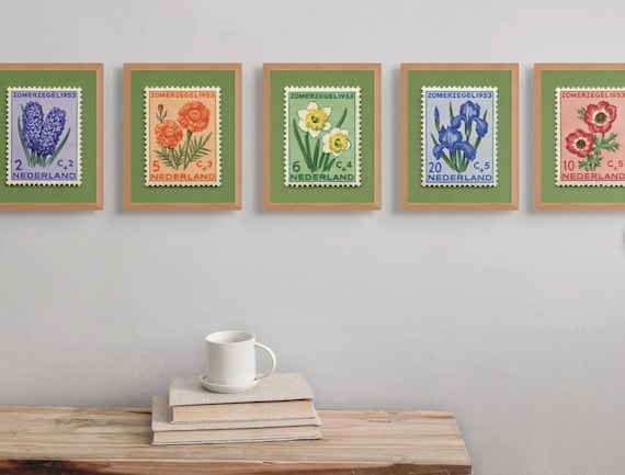 Vintage Netherlands Floral Stamp Art Prints: 1953 Dutch Flower Set