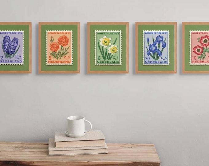 Vintage Netherlands Floral Stamp Art Prints: 1953 Dutch Flower Set