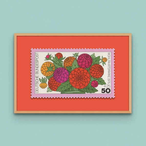 Zinnia Floral Stamp Art Print: 1976 German Design