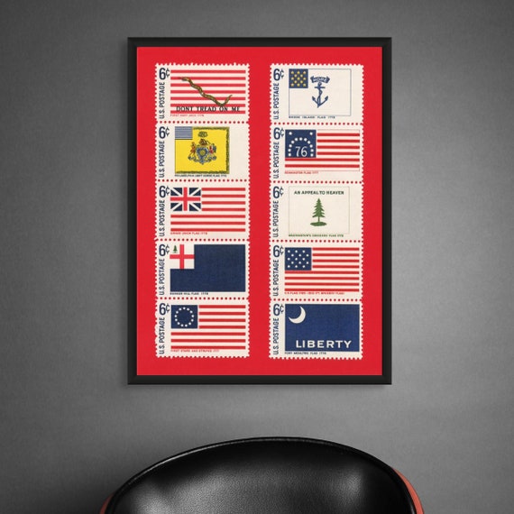 Historic US Flags Stamp Art Print: American History Wall Decor