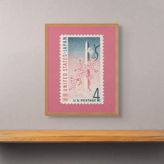 Japan-USA Treaty Stamp Art: Cherry Blossoms & Washington Monument Print