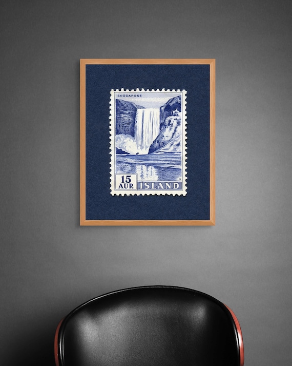 Skógafoss Waterfall Iceland Stamp Art Print - 1956