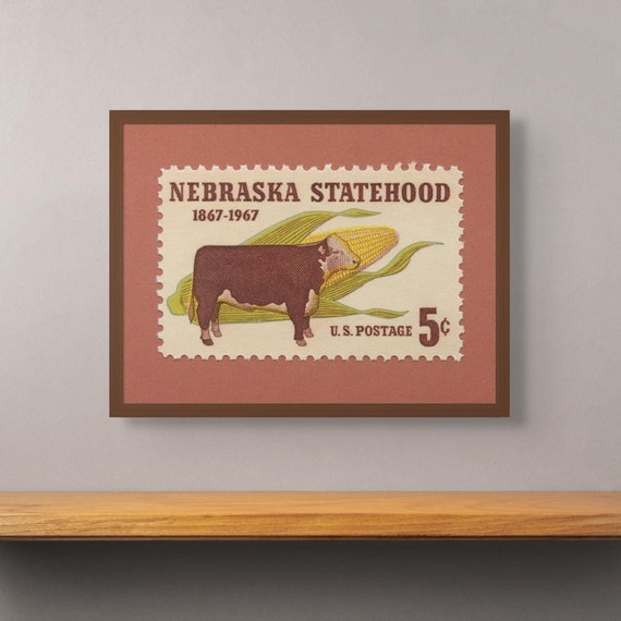 Nebraska Centennial Stamp Art Print: Vintage Cow & Corn Decor