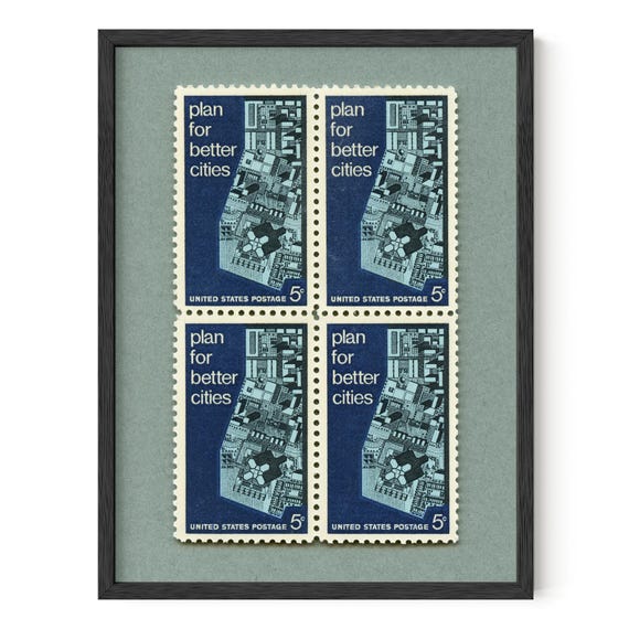 City Planning Vintage Postage Stamp Set of 4 Art Print: Urban Planning Wall Decor Framed/Unframed Option