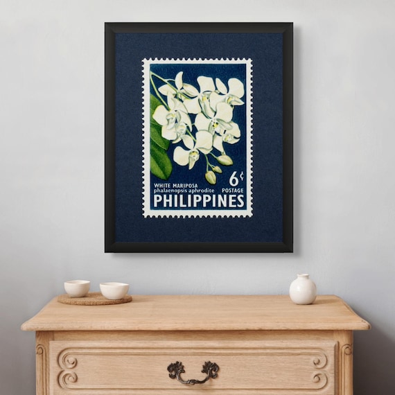 White Mariposa Orchid Print: Vintage Philippines Stamp Art