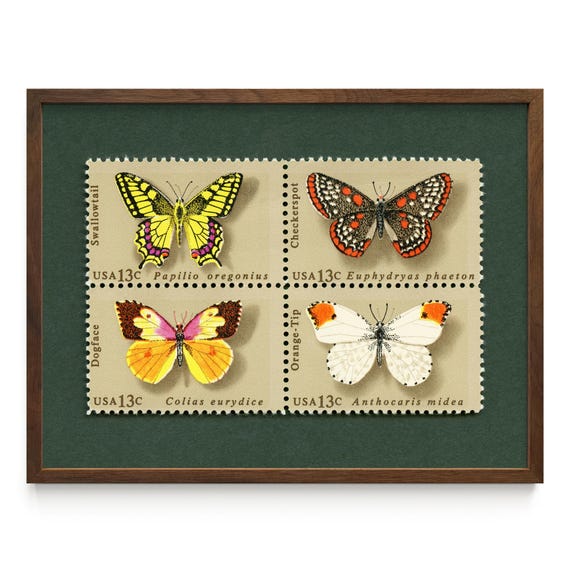 Butterflies 1977 Postage Stamp Set of 4 Art Print:  Swallowtail, Checkerspot, Dogface and Orange-Tip Framed/Unframed Options