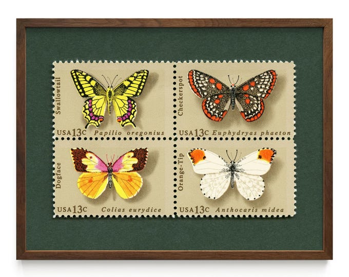 Butterflies 1977 Postage Stamp Set of 4 Art Print:  Swallowtail, Checkerspot, Dogface and Orange-Tip Framed/Unframed Options