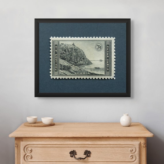 Acadia National Park Stamp Art Print: Vintage Maine Travel Poster