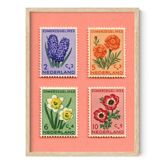 Netherlands Mid-Century Floral Postage Stamps Set Art Print: 1953 Stamps